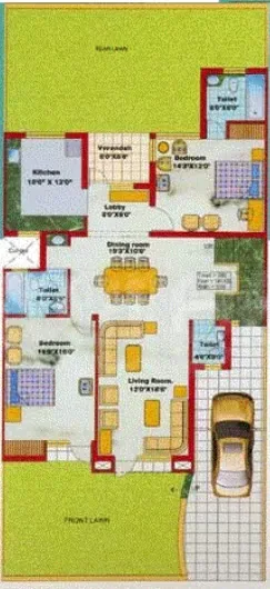 Samiah Media Village — Colored floor plan drawing showing a layout with kitchen, living room, dining room, bedrooms, toilets, verandah, and front/rear lawns. A car is visible in the driveway.