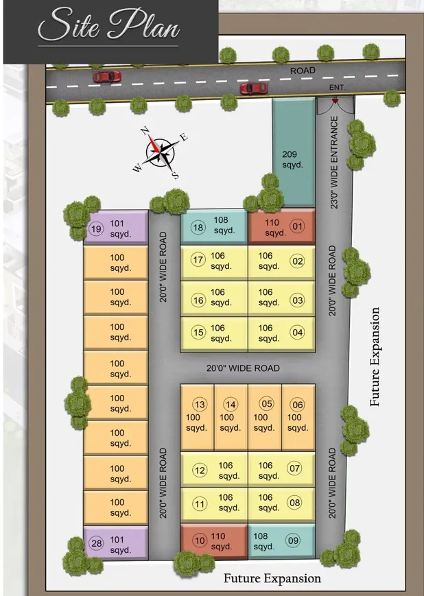 Divine Villas — Site plan showing plot layout with numbered plots, roads, and a compass rose. Plot sizes in square yards.