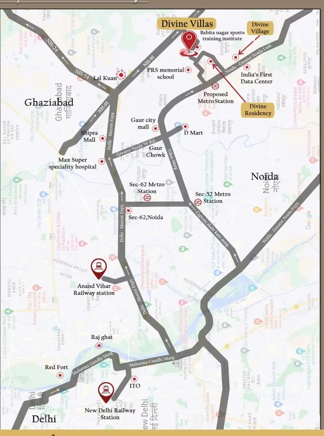 Divine Villas — Location map showing Divine Villas, Divine Village, and Divine Residency near NH-24, NH-91, Noida, Ghaziabad, and Delhi