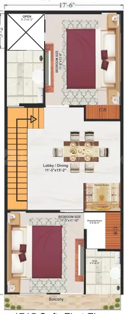 Golden Shri Ram Villas — Floor plan of a residential unit showing two bedrooms, lobby/dining, balcony, and toilet areas with dimensions.