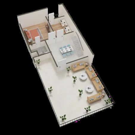 Shivi Paradise Green Villa 2 — 3D floor plan rendering showing a bedroom, living area, dining area, and an outdoor terrace with seating.