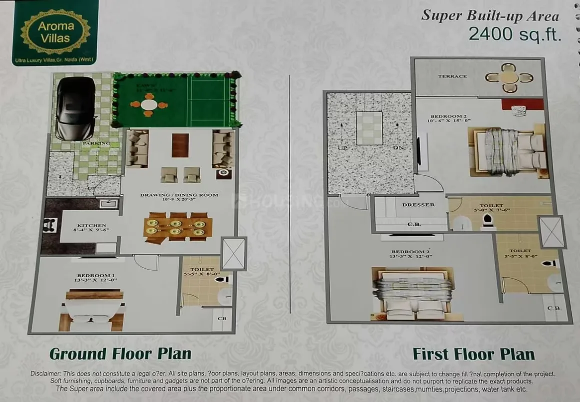 Shri Aroma Villas 2 — Floor plan of a villa with ground and first floor layouts, including parking, living, kitchen, bedrooms, bathrooms, and terrace.