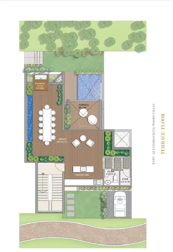 Rise Resort Residence Villa — Floor plan of a terrace level with dining area, seating, a pool, and a small kitchen labeled 'TERRACE FLOOR'.