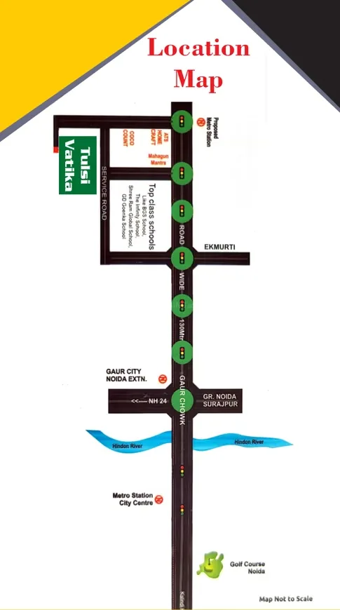 Rohit Tulsi Vatika Royal Villas — Location map showing roads, schools, metro stations, river, and golf course with Tulsi Vatika highlighted.