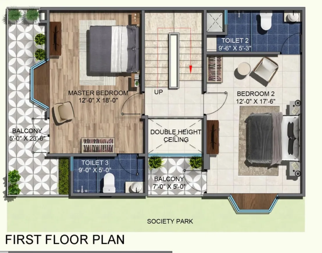 Rohin City Site Villa — First-floor plan drawing of a residential villa showing master bedroom, bedroom 2, toilets, and balconies.