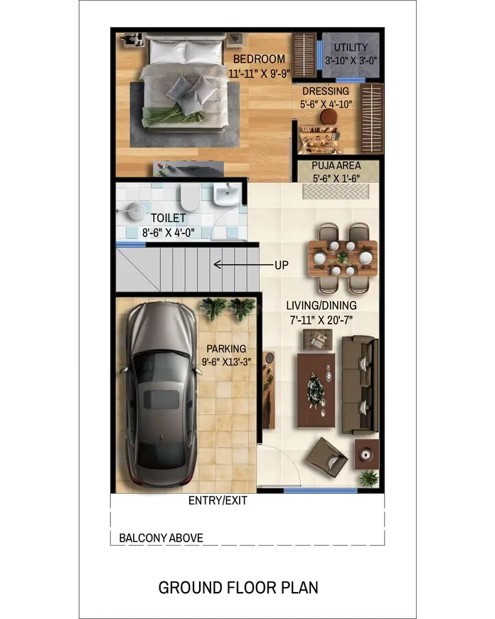 County Villa — Ground floor plan of a villa showing parking, living/dining, bedroom, toilet, puja area, utility, and dressing room.
