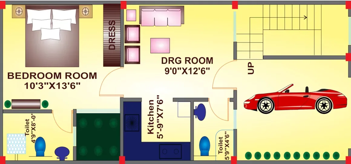 Sanskriti Garden Villas — Floor plan illustration showing a bedroom, two toilets, a kitchen, a drawing room, stairs, and a car in the garage.