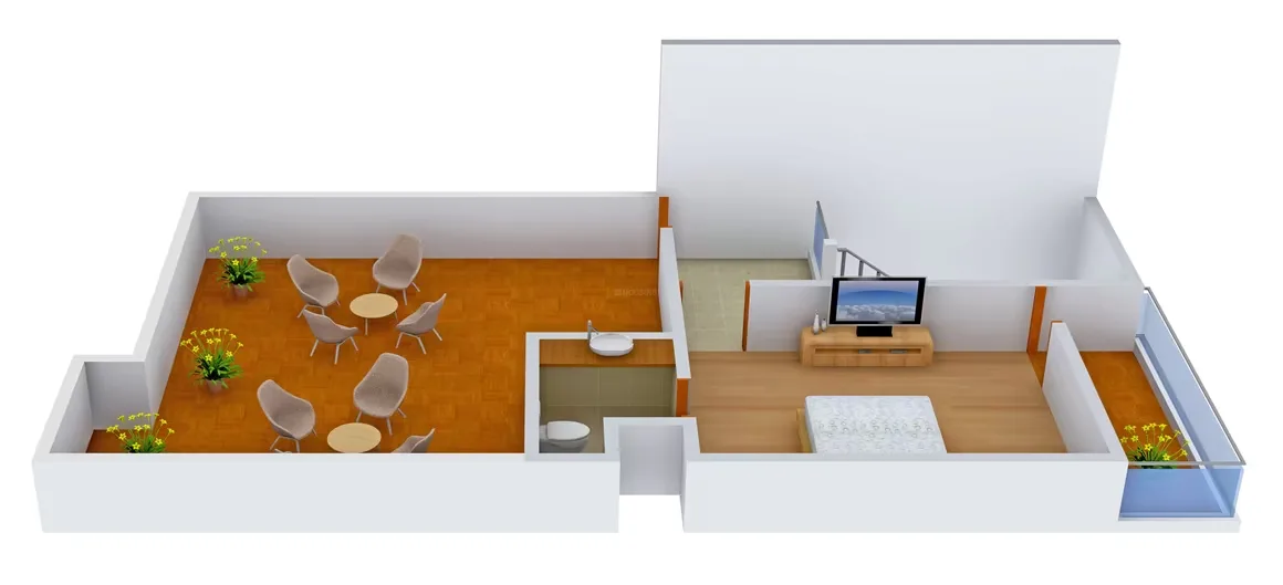 Supertech Holiday Village — 3D floorplan showing a terrace with outdoor seating, a bathroom, and a bedroom with a TV and a small balcony.