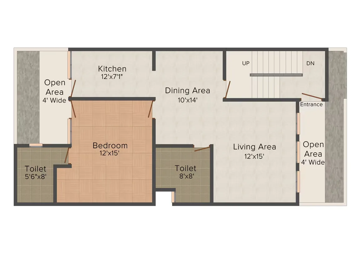 Supertech Holiday Village — Floor plan showing open area, kitchen, dining area, living area, bedroom, and two toilets.