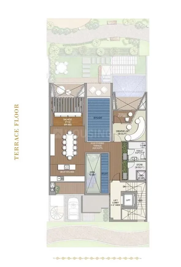 Rise Resort Residence Villa — Floor plan of a terrace level with dining area, kitchen, creative loft, and pool, and a lift.