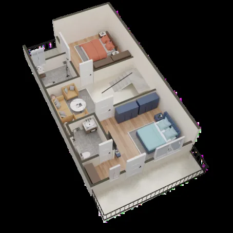 Shree Shyam Luxury Villas — 3D floor plan rendering of a residential unit showing two bedrooms, living area, kitchen, and bathrooms.