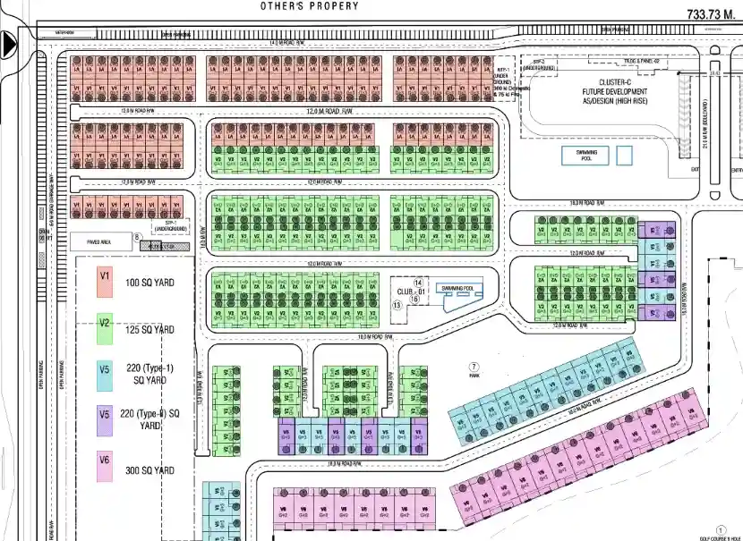 Godrej Crest villa community site plan with 100/125/220/300 sq yd typologies, clubhouses and pool, inside Godrej Golf Links Greater Noida.