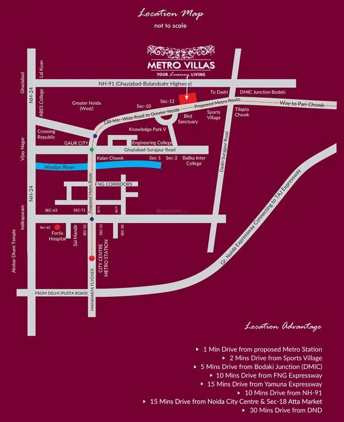 Siddhi Metro Villas — Location map for Metro Villas showing proximity to Ghaziabad, Noida, NH-24, NH-91, and various landmarks.