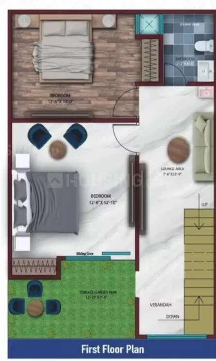 Shivi Stark Moon Villa — First floor plan of a villa showing two bedrooms, lounge area, bathroom, terrace garden and verandah.