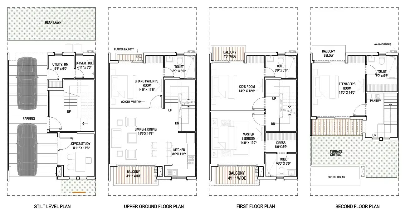 Godrej Golf Links villa stilt-parking floor plan with upper ground, first floor master bedroom and second floor teenagers' room.