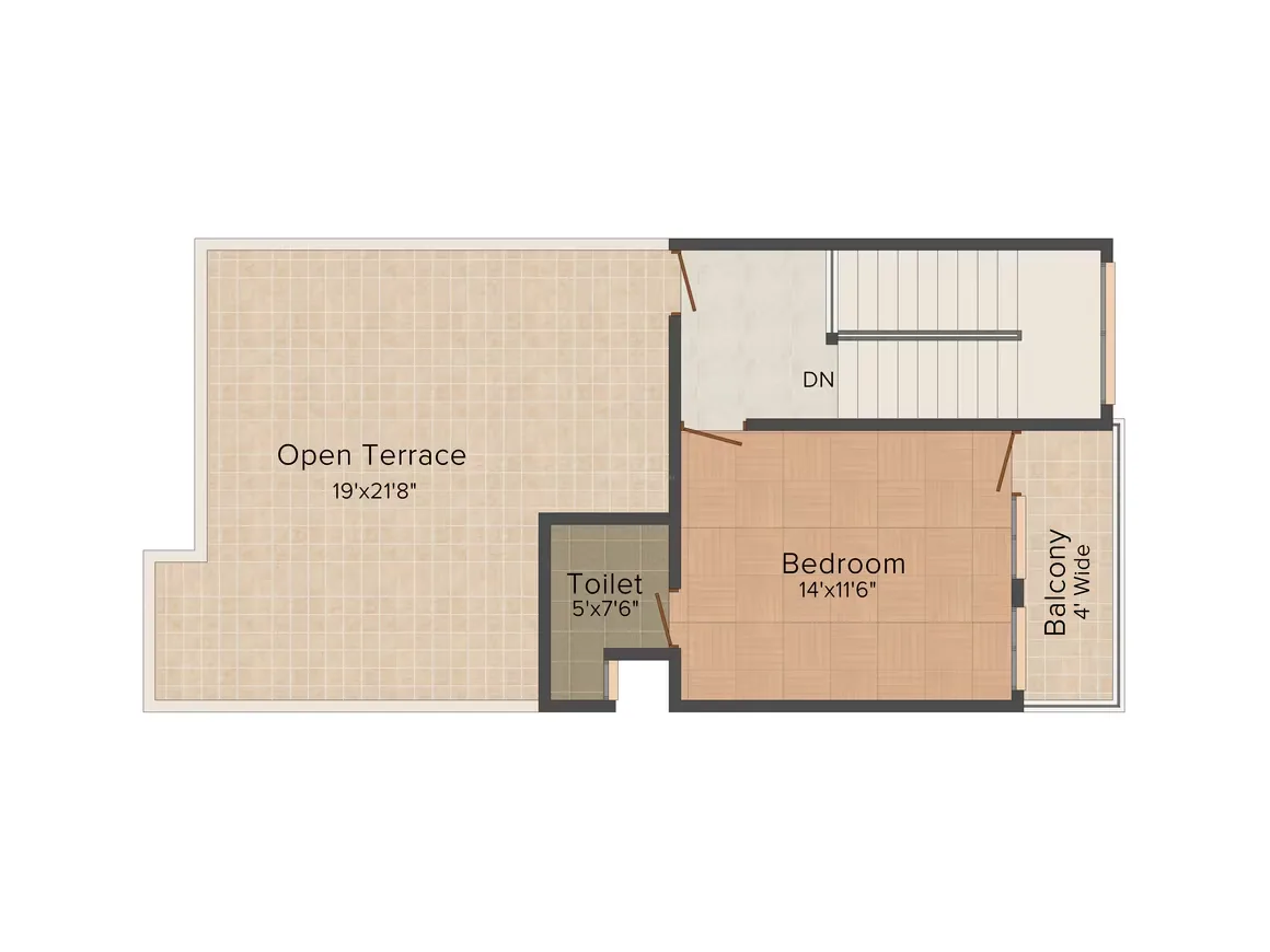 Supertech Holiday Village — Floorplan showing an open terrace, toilet, bedroom with balcony, and stairs going down.