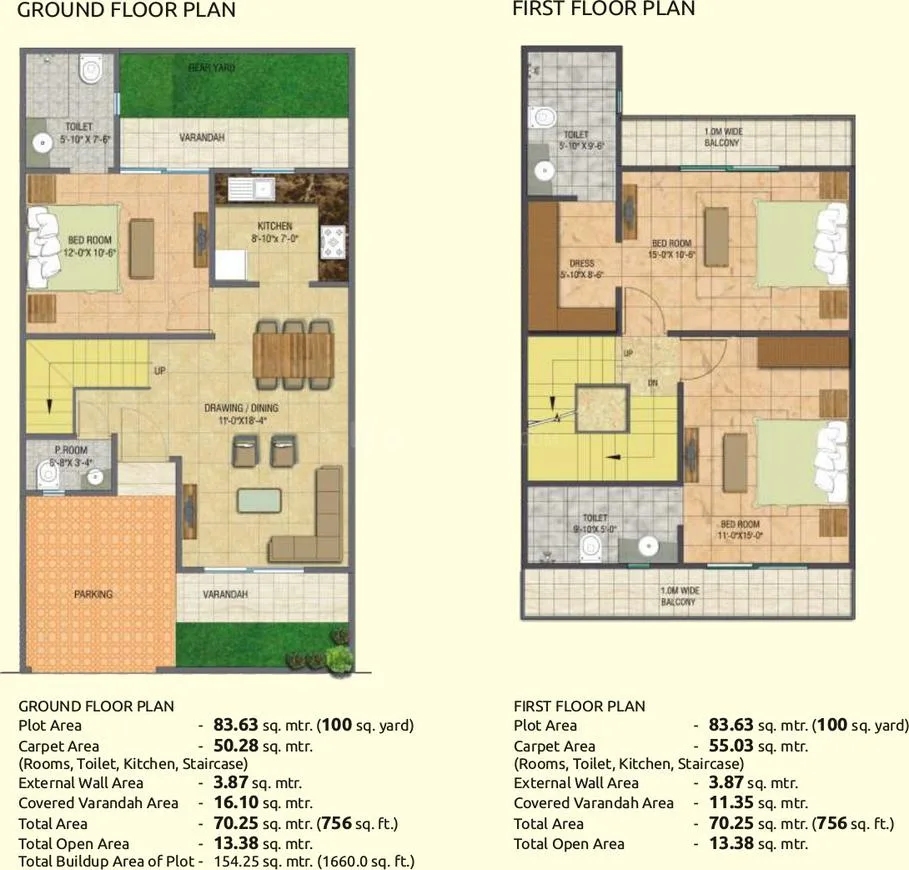Gaurs 2nd Park View — Floor plans for a residential unit, showing ground and first floor layouts with room dimensions and area details.