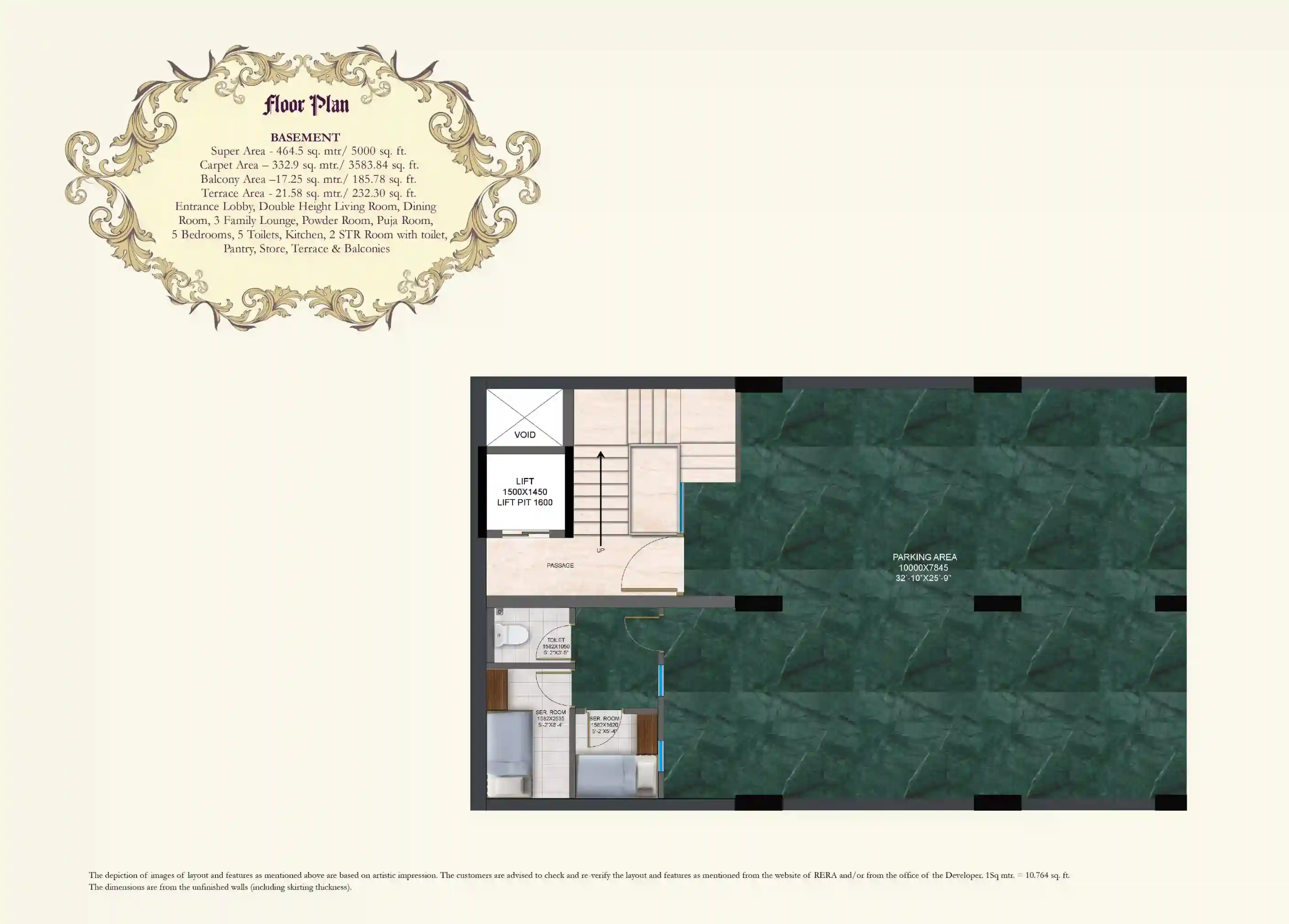 Mahagun Meadows 5000 sq ft villa basement floor plan showing parking, service rooms and lift core.