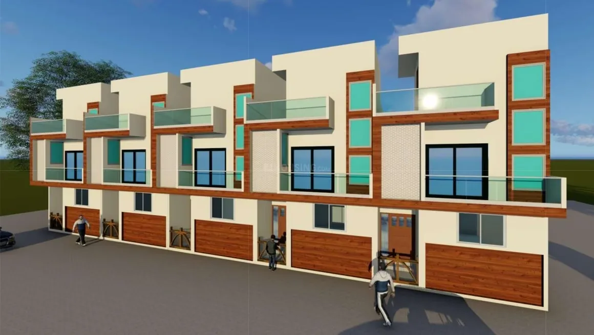 T3S Lavish Greens Villas — A 3D render of a row of modern villas with white walls, wooden accents, and glass balconies.