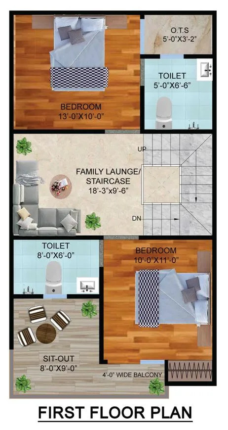 Jamston Metro Villas — First floor plan showing 2 bedrooms, 2 toilets, family lounge/staircase, sit-out, and a balcony.