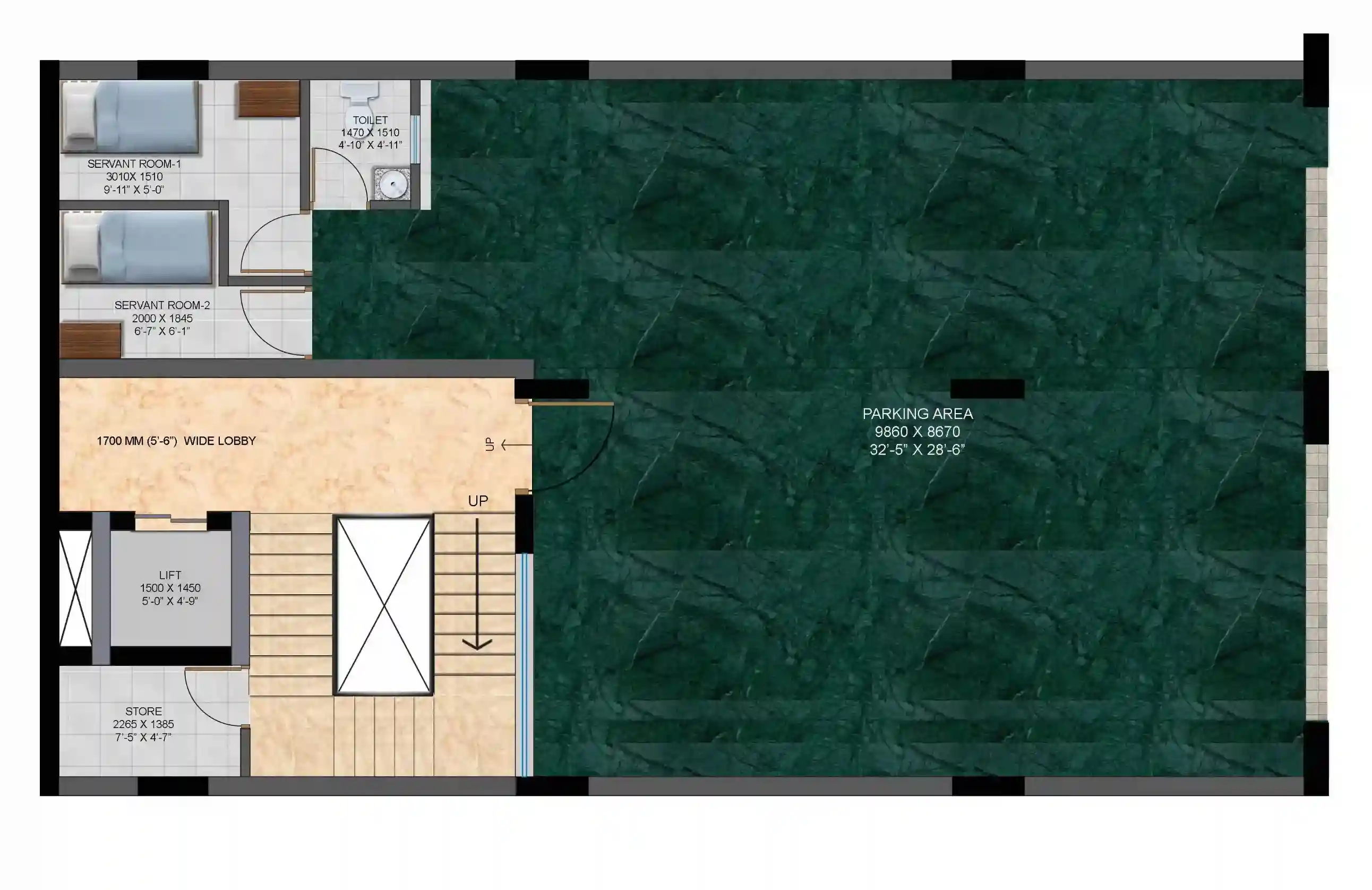 Mahagun Mirabella villa basement floor plan with store, service utility and staff room.