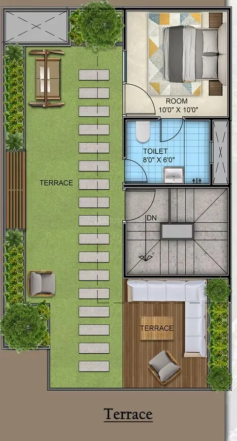 Divine Villas — Floor plan rendering showing a terrace, a room, a toilet, and stairs. Dimensions are included.
