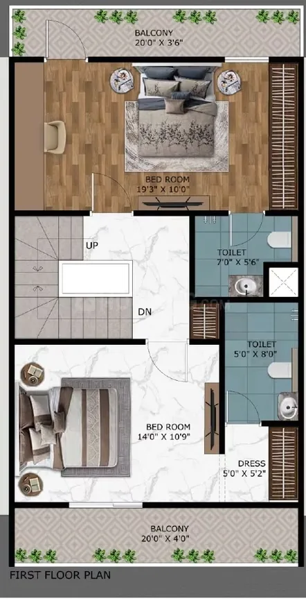 Paradise Gokul Vatika — First floor plan with two bedrooms, two balconies, two toilets, a dress area, and stairs indicated as UP/DN.