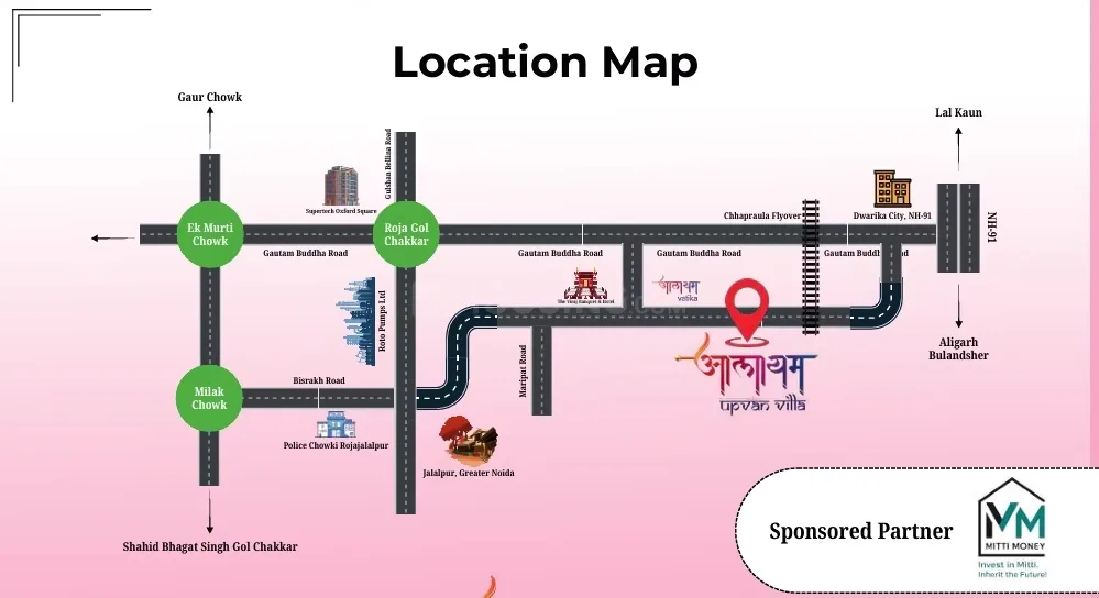 Aalyam Upvan Villas — Location map of Upvan Villas showing roads like Gautam Buddha Road, NH-91, and nearby landmarks.