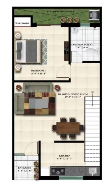 T3S Lavish Greens Villas — Floorplan showing a bedroom, common toilet, drawing/dining room, kitchen, and entrance, with dimensions.
