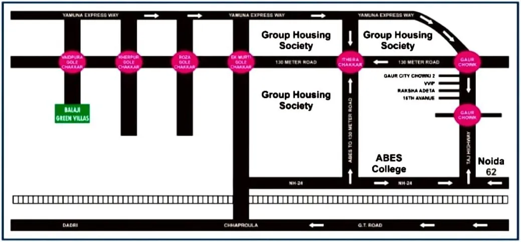 Balaji Green Villas location map with NH-24, 130 m road, Gaur Chowk and ABES College