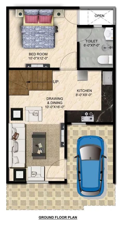 THV Vihaan Villa — Ground floor plan showing a bedroom, toilet, kitchen, drawing & dining area, and a parking space.
