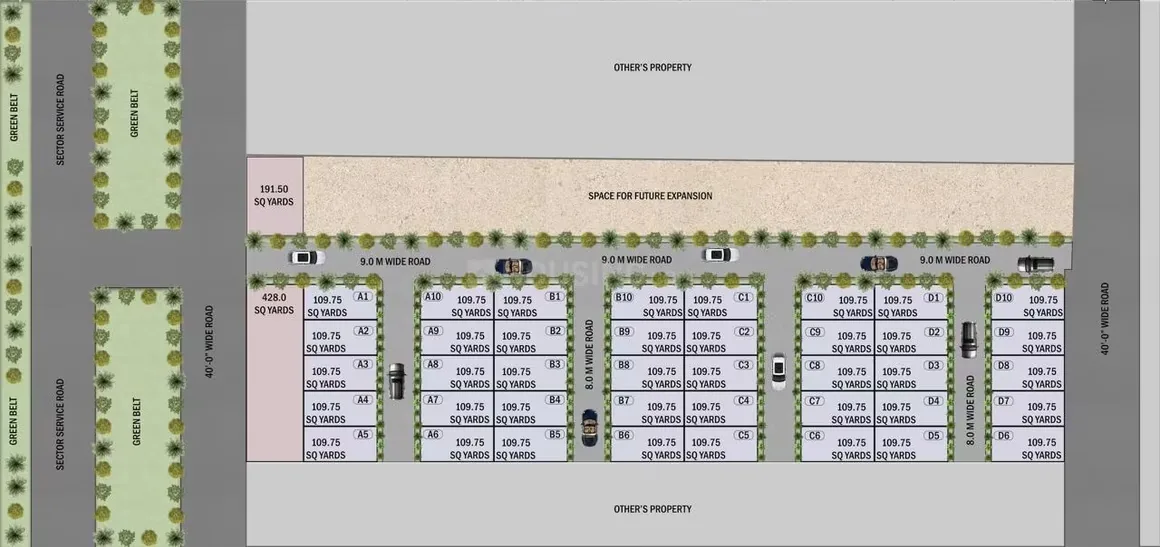 CNR Aurelia Estate Villas — A site plan showing numbered residential plots with their square yardage, surrounding roads, and green belts.