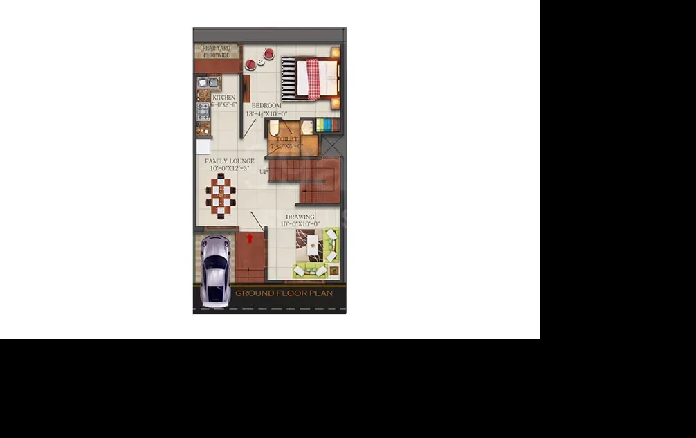 Real Homez Green Villa 2 — Ground floor plan showing a kitchen, family lounge, drawing room, bedroom, toilet, and parking space.