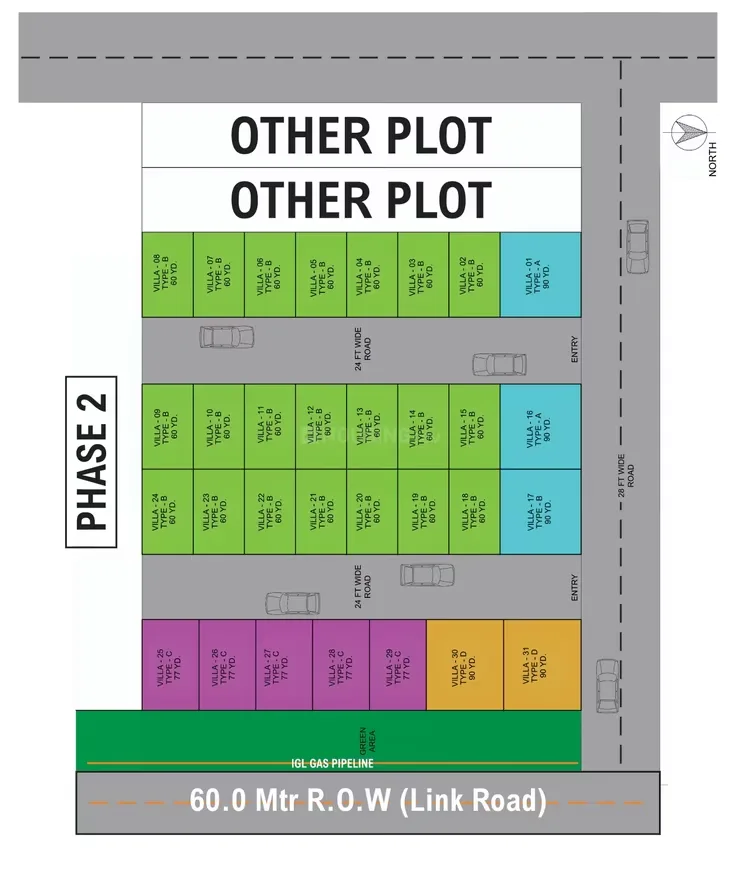 Primagic Onyx Abode — Site plan for Phase 2 of a villa project showing different villa types (A, B, C, D) and plot sizes (60, 77, 90 sq yd) along 24ft and 28ft roads.