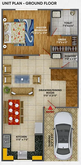 Pride Villas — Ground floor unit plan with master bedroom, toilet, dress, powder room, drawing/dining room, kitchen, and parking area.