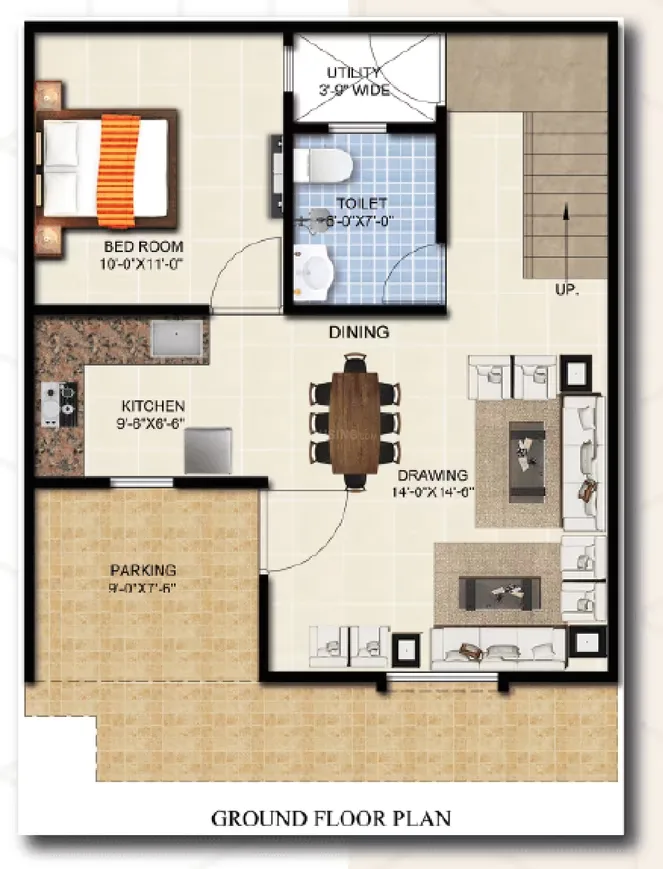 Aarohi Villa — Ground floor plan of a villa showing bedroom, kitchen, parking, dining, drawing room, toilet, and utility.