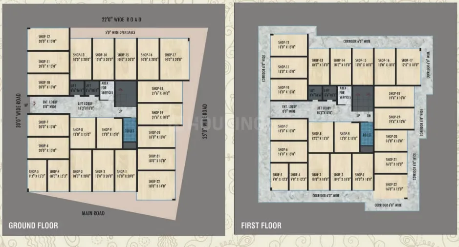 AKJ Real Infra Novel Valley — Floor plan showing ground and first floor layouts with shops, corridors, and roads labeled.
