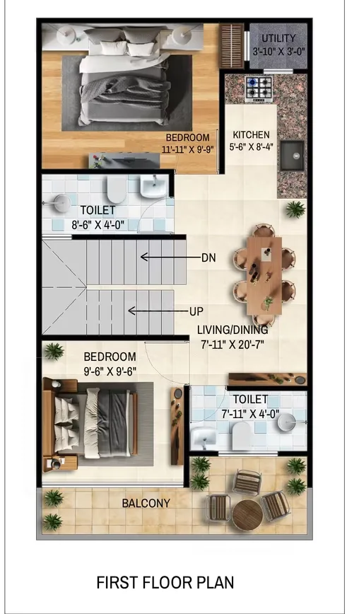 County Villa — First floor plan with two bedrooms, two toilets, living/dining area, kitchen, utility, balcony and stairs.