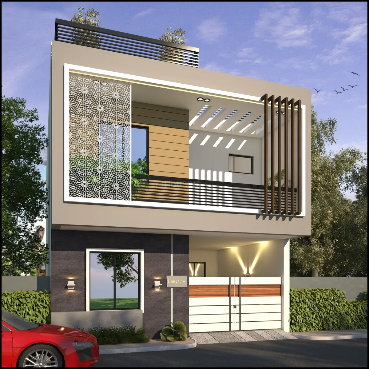 Real Homez Green Villa 2 — Modern render of a villa with a white and wood gate, patterned balcony railing, and a red car parked outside.