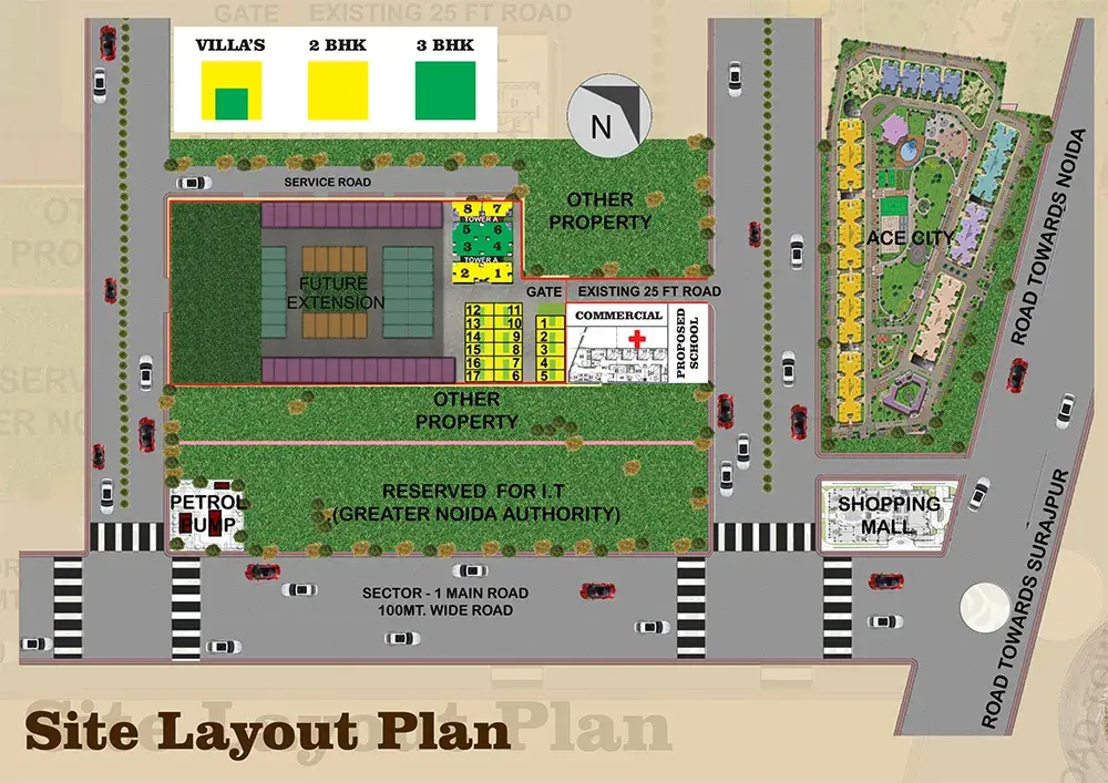 Ashoka Greens Villas site layout with Villas / 2 BHK / 3 BHK blocks next to Ace City