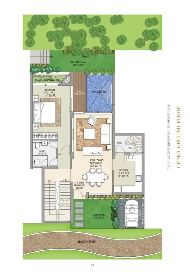 Rise Resort Residence Villa — Floor plan for the upper ground floor of Type-ZZ Interlocking Woods Villas, showing a bedroom, toilet, kitchen, living/dining area, private lawn, and pool.
