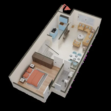 Trinity Primus — 3D floor plan render showing a bedroom, bathroom, living area, dining area, and kitchen in an open layout