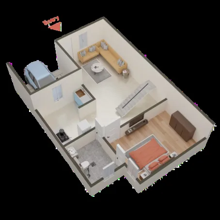 Rexman Divine Luxury Prime Villa — Rendered 3D floorplan showing a living room, kitchen area, bathroom, bedroom, and a car parked in a garage.