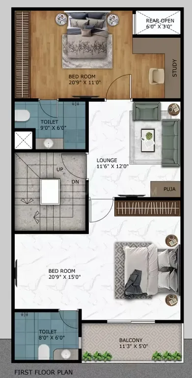 Paradise Shree Ram Vatika — Floor plan showing two bedrooms, two toilets, a lounge, a puja room, a study, and a balcony on the first floor.