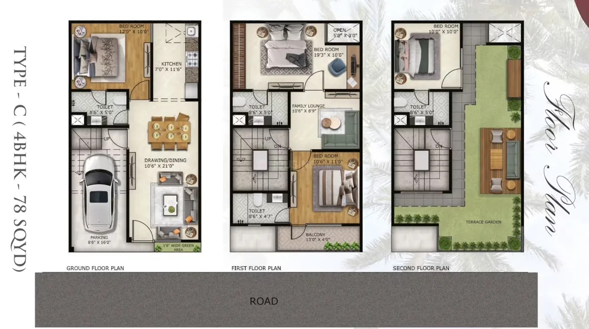 Paradise Palm Villa — Floor plan for a 4BHK Type-C unit (78 SQYD) showing ground, first, and second floor layouts.