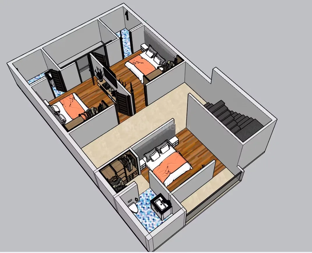 Cosy Rainbow Villa — 3D floor plan rendering showing three bedrooms, two bathrooms, and a staircase.
