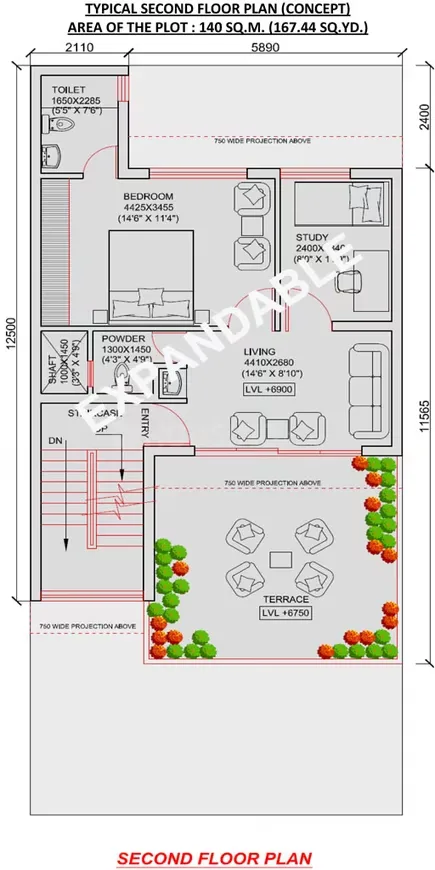 Jaypee Villa Expanza Green Crest Homes — Second floor plan for a residential villa, featuring bedroom, toilet, study, living area, and terrace.