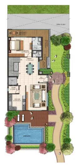 Sunrise Suntwilight Recreational Phase 1 — Floor plan rendering of a villa with a private swimming pool, garden, and living spaces.