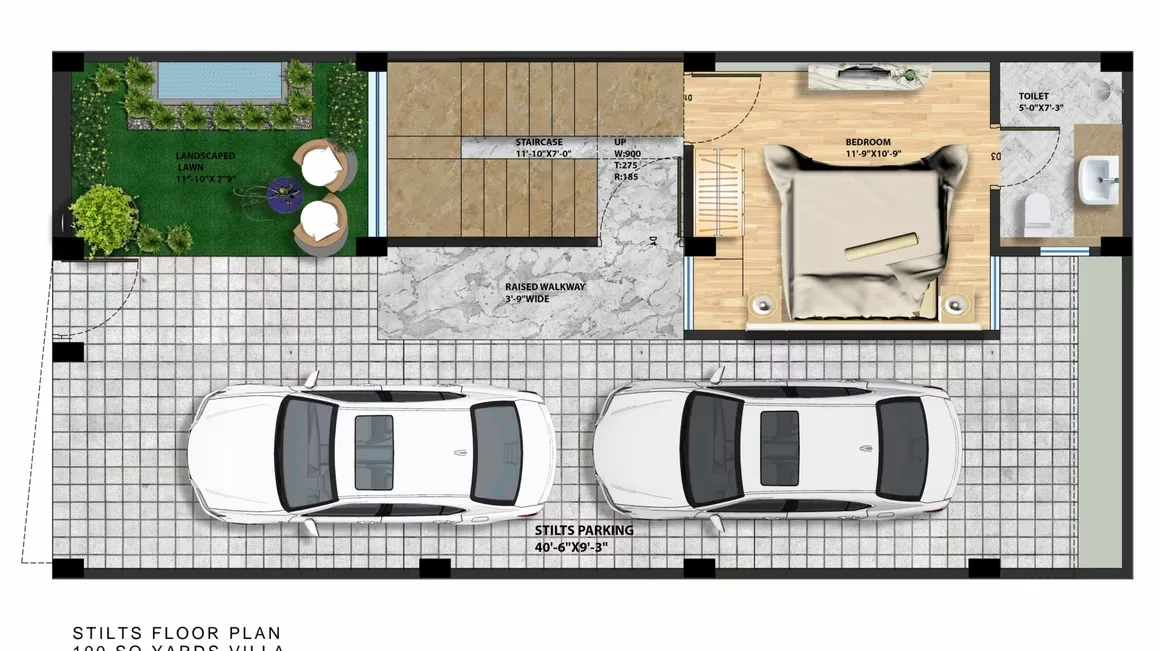Escon Panache Villas — Floor plan rendering showing stilt parking for two cars, a landscaped lawn area, a staircase, and a bedroom with an attached toilet.