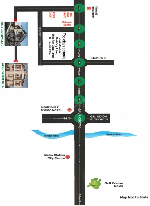 Arsh Green Villa 2 — Location map showing Arsh Green Villa projects, major roads like NH 24, nearby schools, metro stations, and Golf Course Noida.
